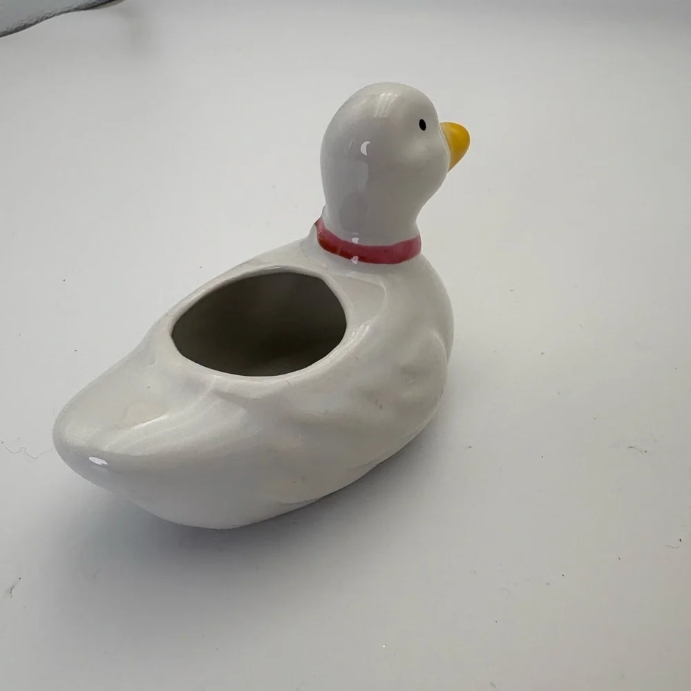 Charming White Duck Planter with Red Bow
